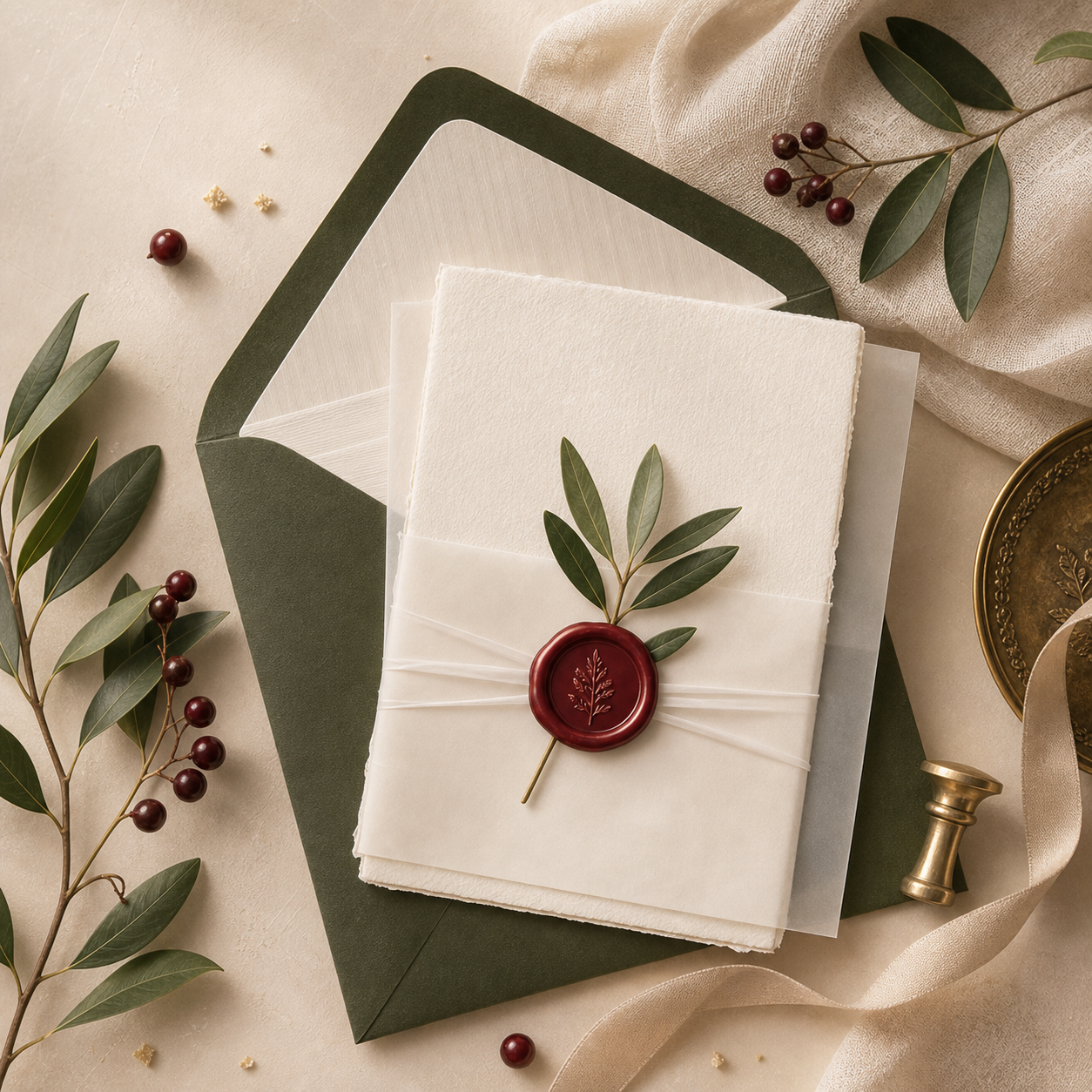 Invitation stationery with wax seal and botanical details